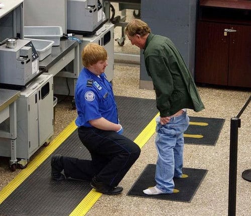 tsa inspecting traveler pants embarrassing funny