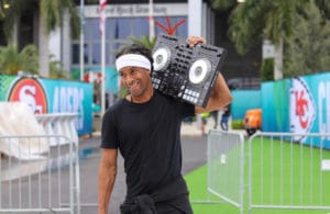 Corporate Event DJ Will Gill loading into NFL Superbowl Miami Stadium