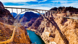 The well-known Hoover Dam and lovely Lake.