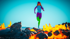 A cartoon illustration of a woman running towards a lava