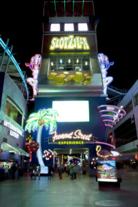 All lit up entrance of Slotzillas ziplines in Las Vegas