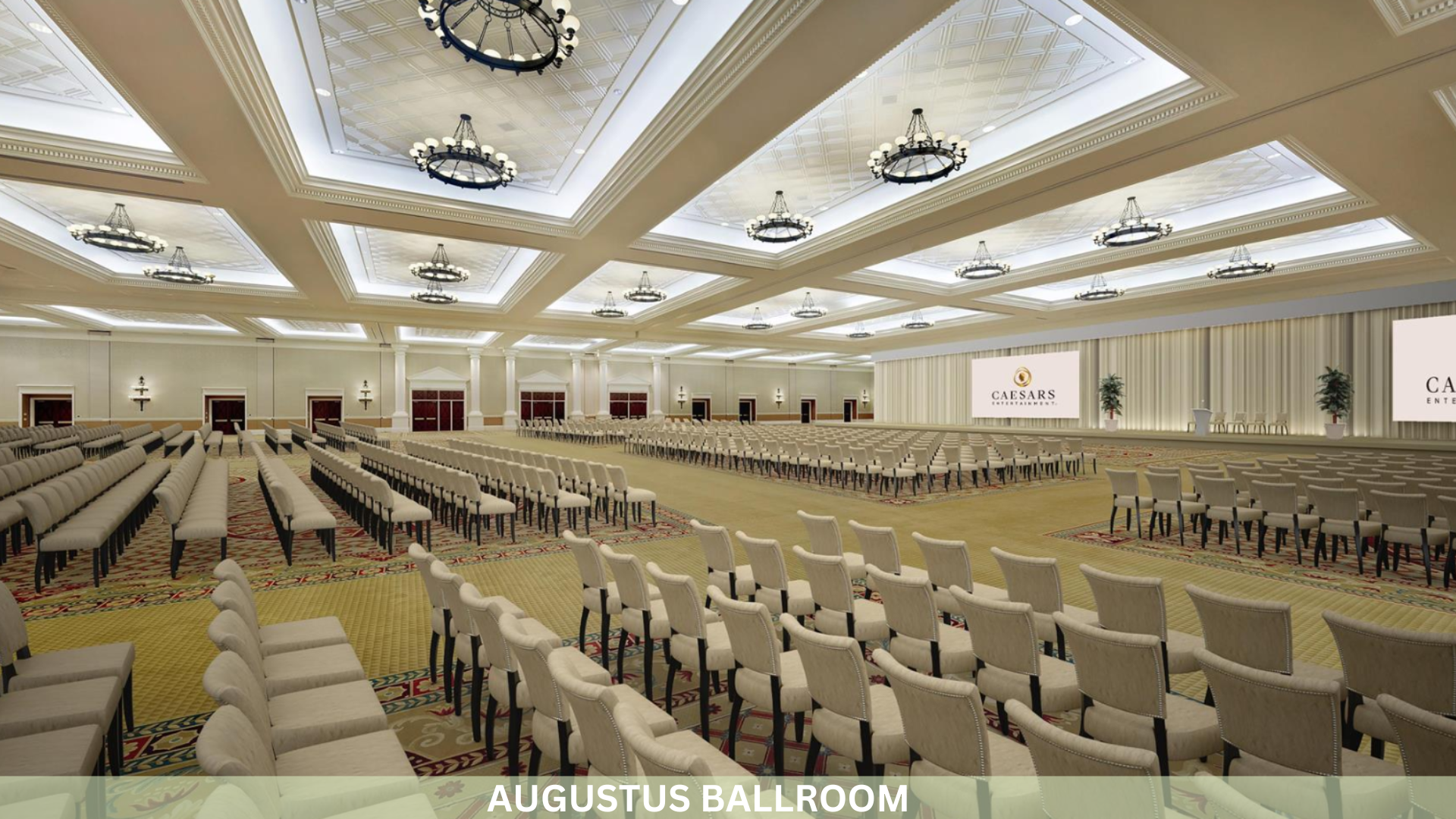 Inside od the Agustus Ballroom of Caesar' Palace Las vegas with hundreds of white chairs lined up
