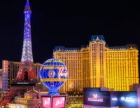 Eiffel Tower Restaurant at Paris Las Vegas along with multiple buildings