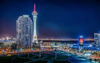 Las Vegas aerial view multiple buildings full of lights