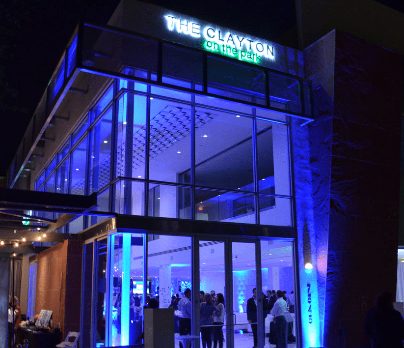 The Clayton on the Park Scottsdale modern reception hall with illuminated facade