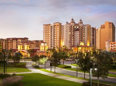 Wyndham Grand Orlando Resort Bonnet Creek building with roads, lights and trees