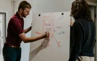 Two people aligning sales kickoff strategies with their business goals