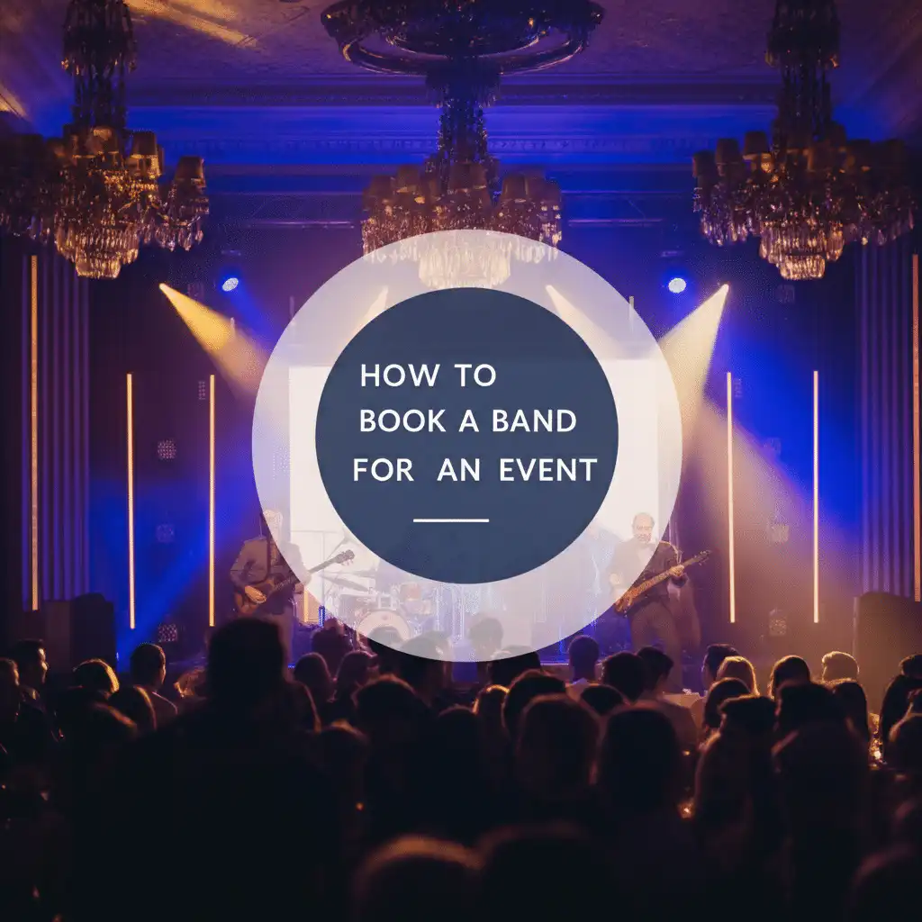 Band on stage with a lot of people watching it and text How To Book A Band For An Event​