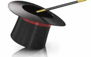 A black mentalist top hat with a red band, tilted at an angle, and a black magic wand with gold tips resting across the hat