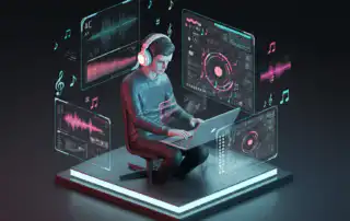 A music curator wearing headphones, surrounded by glowing digital screens displaying waveforms, musical notes, and data, set in a sleek, neon-lit workspace