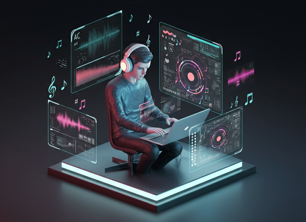A music curator wearing headphones, surrounded by glowing digital screens displaying waveforms, musical notes, and data, set in a sleek, neon-lit workspace