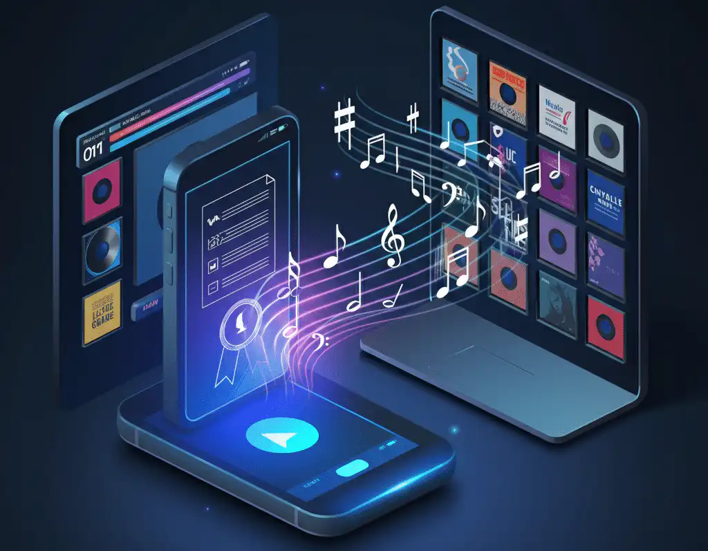 A sleek, modern digital music ecosystem featuring a central smartphone with a glowing play button, a laptop displaying a grid of album covers, and a tablet showing a Streaming Services