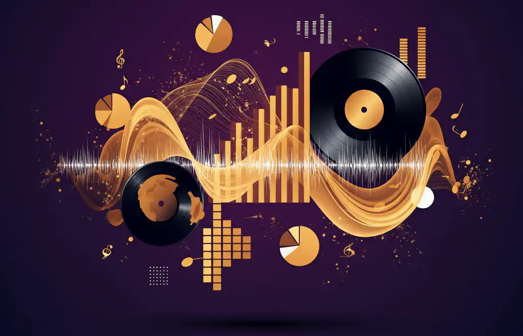 A two black vinyl records used for music curation, with a golden wavy sound wave, and scattered musical notes