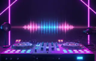 A vibrant DJ setup featuring illuminated turntables, sliders, and knobs, surrounded by neon pink and blue lights
