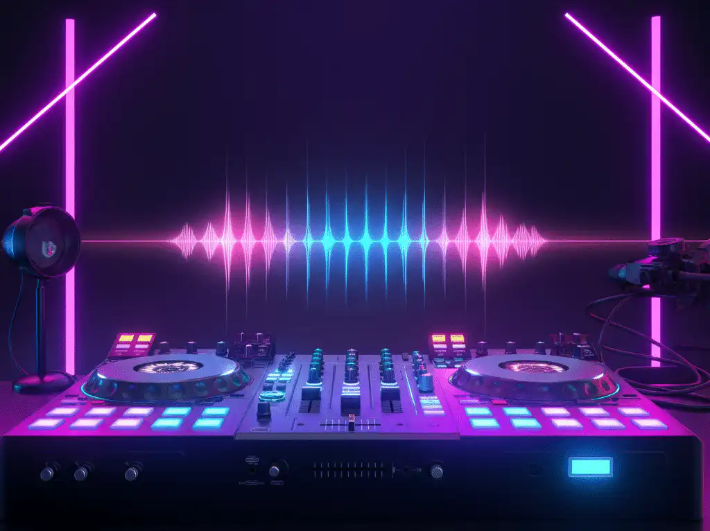 A vibrant DJ setup featuring illuminated turntables, sliders, and knobs, surrounded by neon pink and blue lights