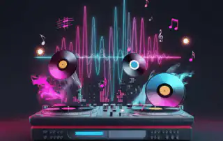 A vibrant DJ setup featuring turntables, colorful floating vinyl records, neon soundwave patterns, and scattered musical notes, evoking energy and rhythm used for music curation