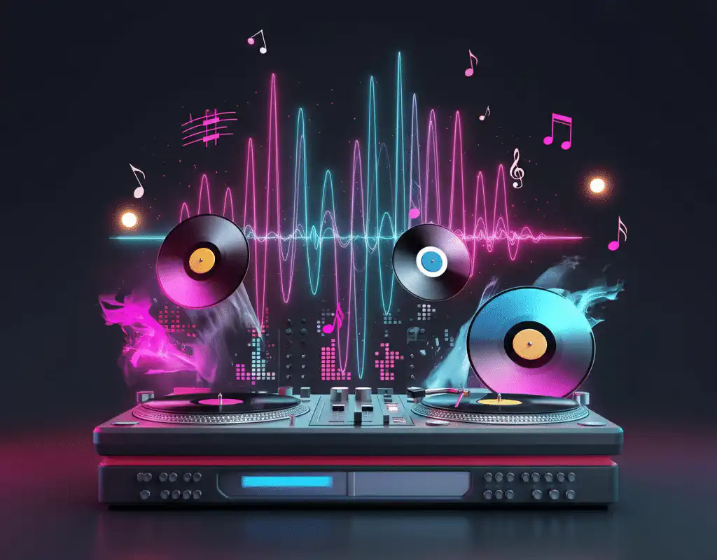 A vibrant DJ setup featuring turntables, colorful floating vinyl records, neon soundwave patterns, and scattered musical notes, evoking energy and rhythm used for music curation