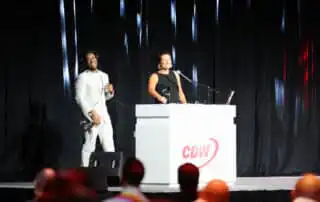 Corporate Event DJ Will Gill onstage teaching CDW President Chris Leahy how to DJ