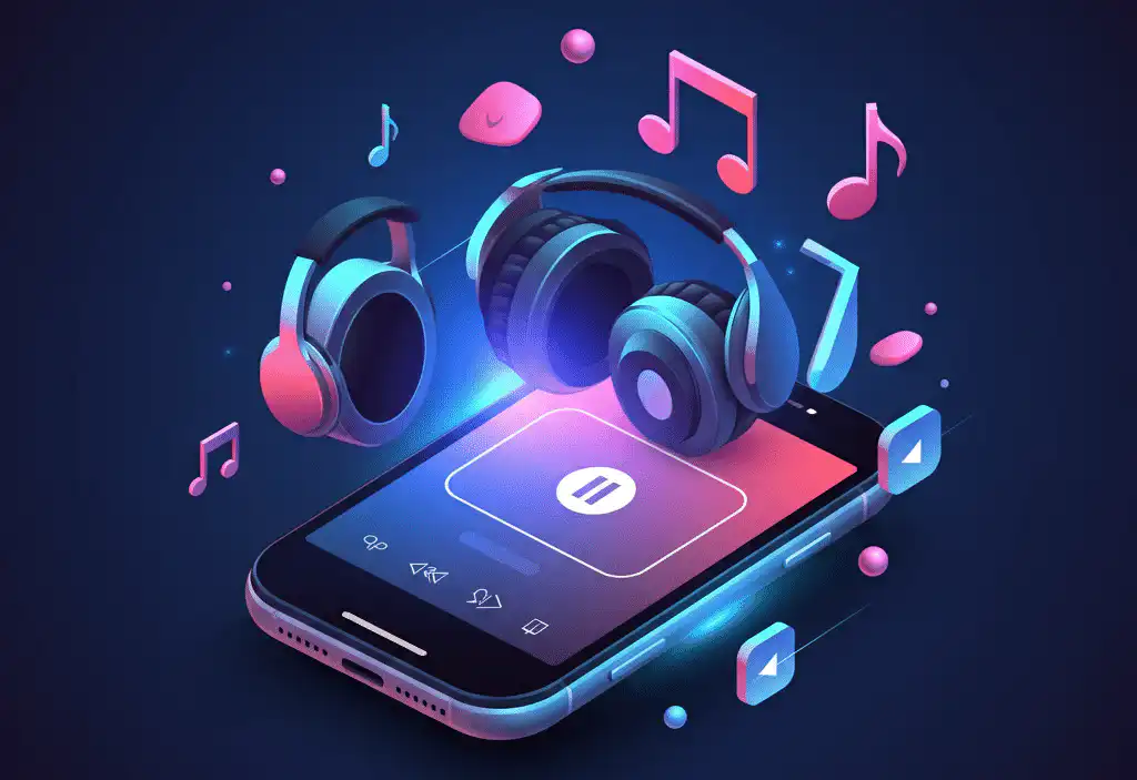 Illustration of a smartphone displaying a music streaming app interface, surrounded by colorful floating musical notes and icons like play, pause, and forward