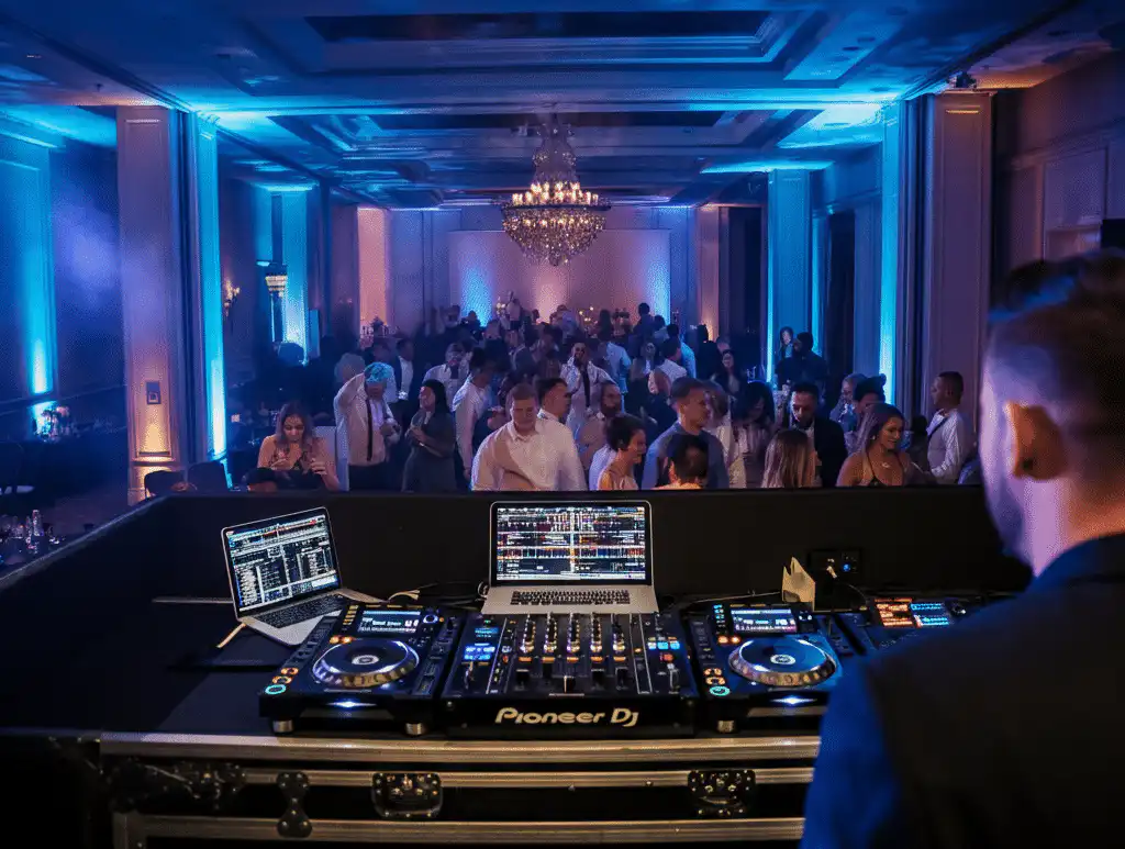 A DJ performing at corporate party. The DJ booth is equipped with professional gear, including a laptop displaying a music playlist