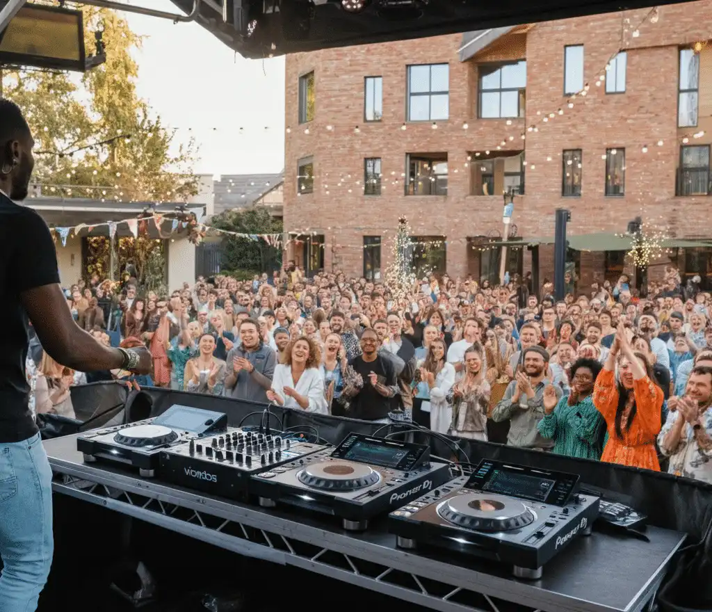 A DJ playing a bunch of unity songs on a raised stage at a lively outdoor team-building event. The DJ is surrounded by a large, diverse crowd is in the background, clapping and enjoying the music