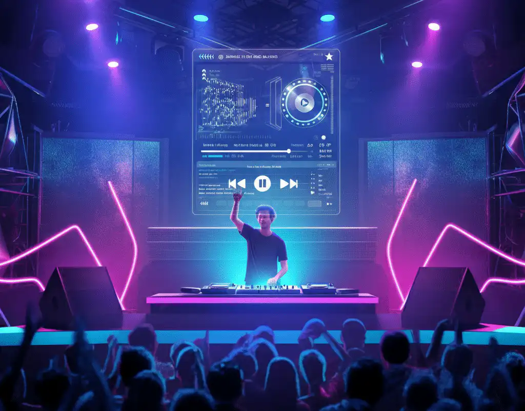 A DJ performing on a stage at a large conference. A holographic music playlist interface is displayed in the background, showcasing track details and controls