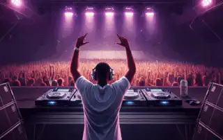 A DJ performing on stage at a vibrant event. The scene is illuminated by dynamic pink and purple lighting, capturing the excitement and energy of event music.