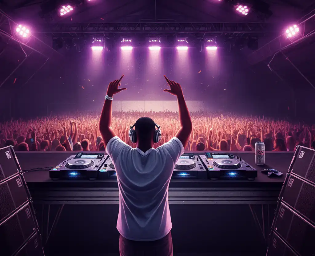 A DJ performing on stage at a vibrant event. The scene is illuminated by dynamic pink and purple lighting, capturing the excitement and energy of event music.
