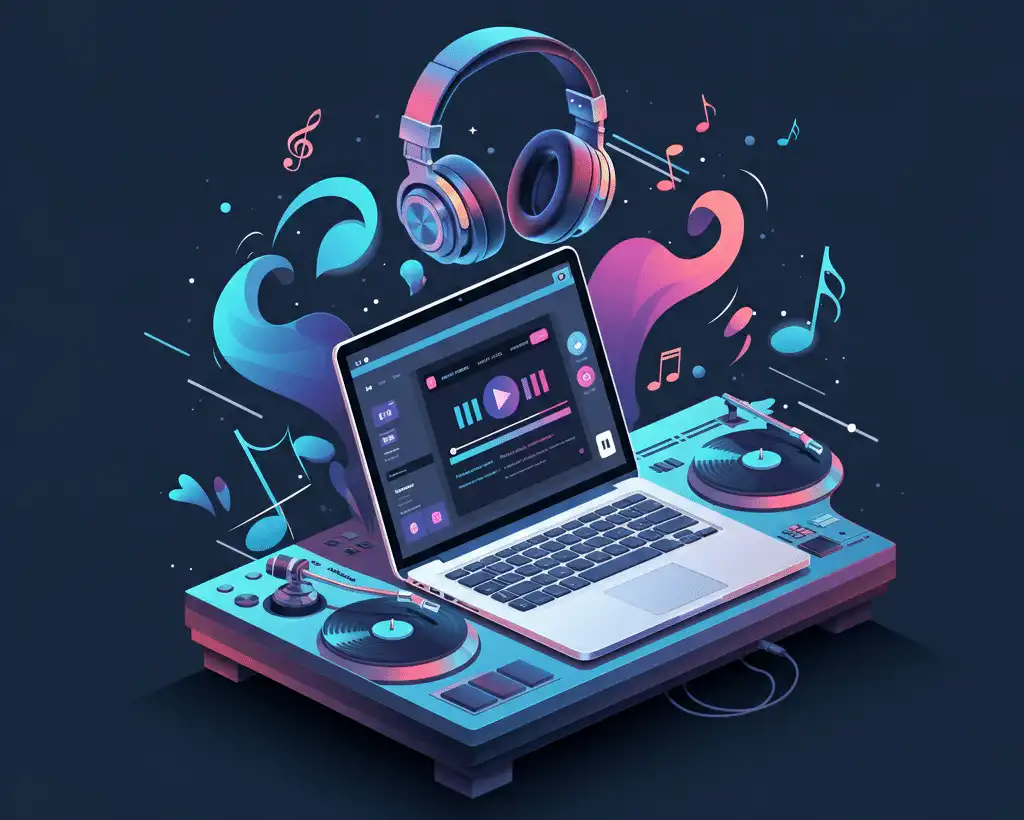 A DJ setup featuring a laptop and streaming services for DJs