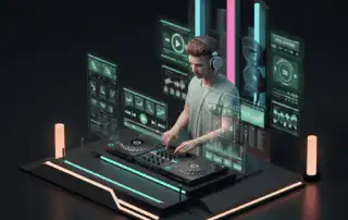 A DJ standing at a high-tech console, surrounded by holographic music platforms and neon lights