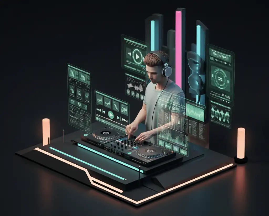 A DJ standing at a high-tech console, surrounded by holographic music platforms and neon lights