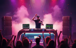 A DJ wearing a cap and headphones performs live at a corporate event. He stand behind a booth that displays music playlists.