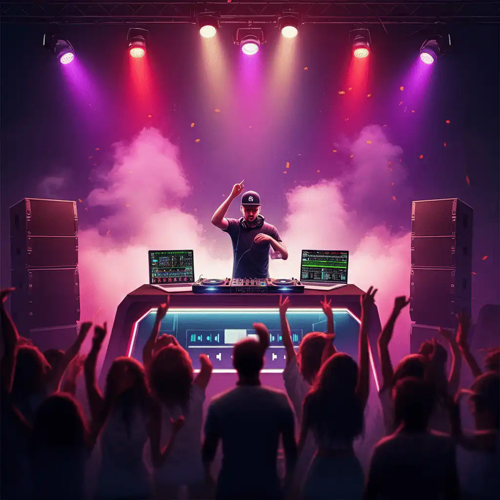 A DJ wearing a cap and headphones performs live at a corporate event. He stand behind a booth that displays music playlists.