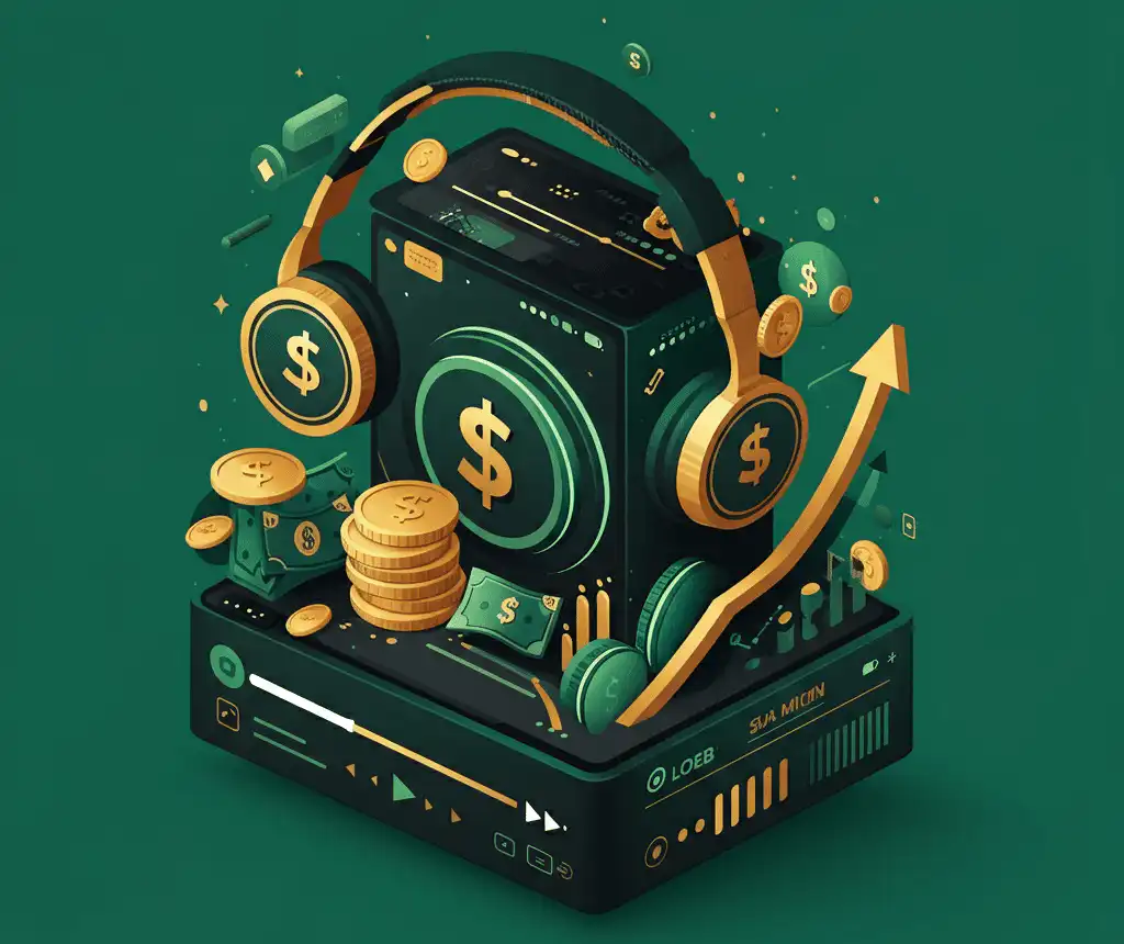 A black cube that represents playlist curator salary, surrounded by large headphones, gold coins, and green banknotes