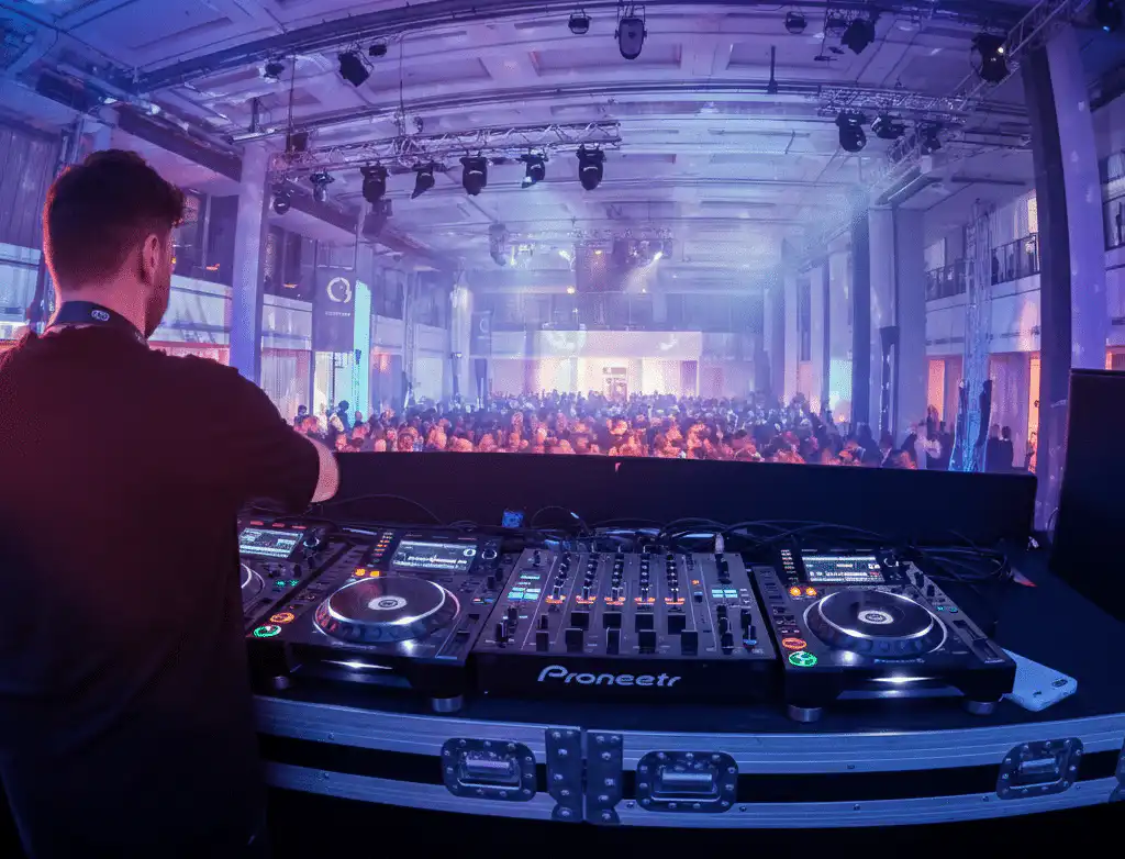 A corporate event with a DJ on stage operating professional equipment, facing a large, energetic crowd while playing his playlist