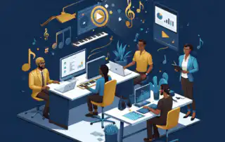 A corporate office where a diverse team collaborates on creating a curated playlist