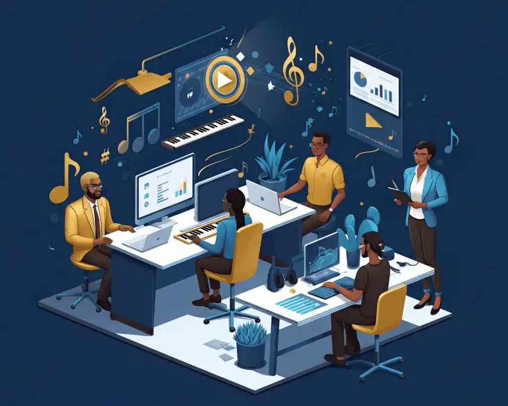A corporate office where a diverse team collaborates on creating a curated playlist