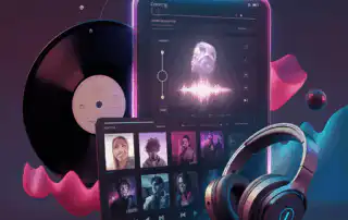 A curated playlist featuring a vinyl record, modern headphones, and a glowing digital music interface