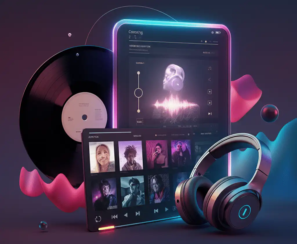 A curated playlist featuring a vinyl record, modern headphones, and a glowing digital music interface