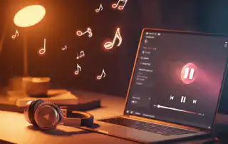 A laptop displaying business music playlist and glowing musical notes floating above, illuminated by a warm desk lamp