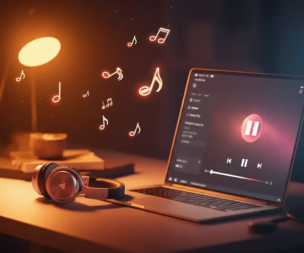 A laptop displaying business music playlist and glowing musical notes floating above, illuminated by a warm desk lamp