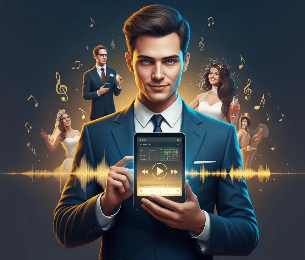 A music curator in a blue suit holding a tablet with a music player interface, surrounded by joyful people in wedding attire and suits, musical notes, and a glowing waveform in the background
