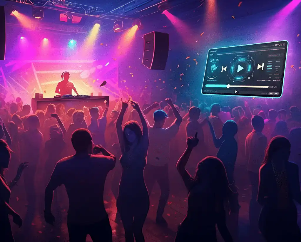 A nightclub scene featuring a DJ performing live behind a turntable, colorful lights illuminating the space, confetti falling, and a lively crowd dancing energetically. A digital display screen shows playlist