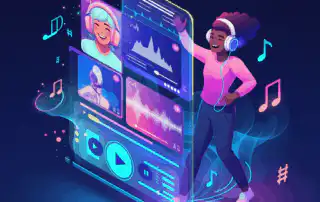 A person wearing headphones, joyfully interacting with a futuristic playlist maker interface