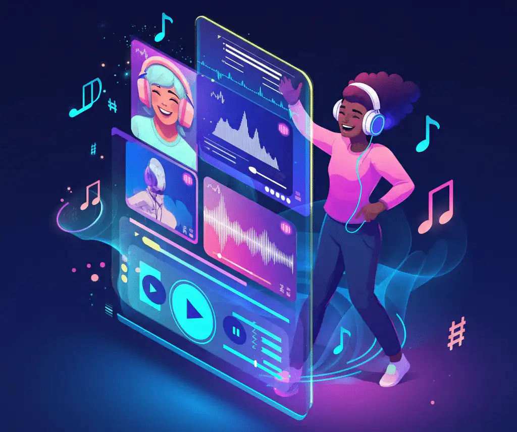 A person wearing headphones, joyfully interacting with a futuristic playlist maker interface