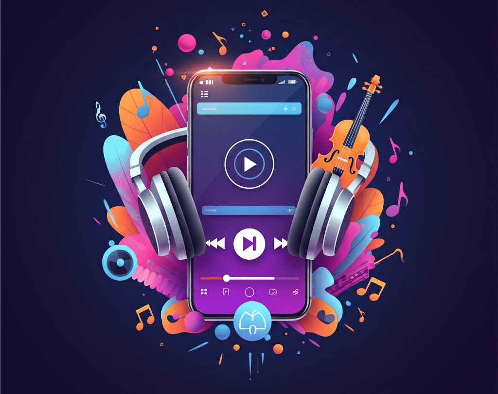 A personalized music playlists featuring headphones, a smartphone displaying a music app, colorful music notes, and genre icons like rock, jazz, and classical