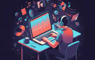 A playlist curator, focused on a laptop displaying sound waveforms. Musical notes, vinyl records, and album covers float around music curation and production