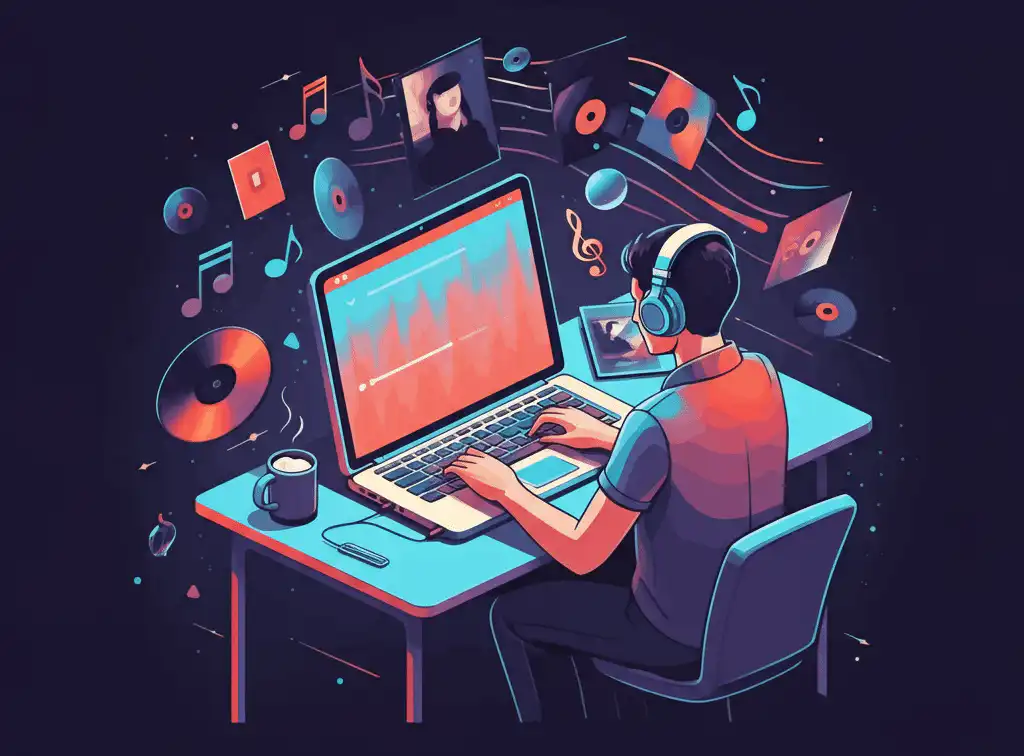 A playlist curator, focused on a laptop displaying sound waveforms. Musical notes, vinyl records, and album covers float around music curation and production