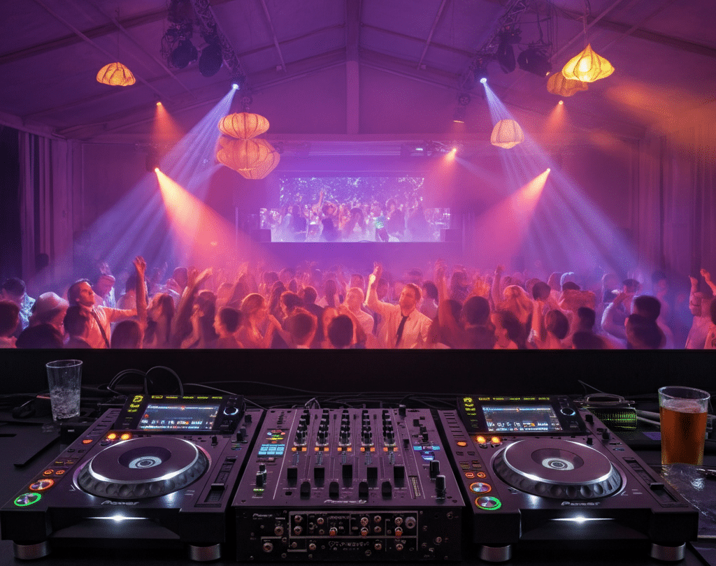 A vibrant event scene featuring a professional DJ booth with advanced music curation system equipment, a lively crowd dancing under dynamic purple and orange lights, and a large screen displaying colorful visuals in the background