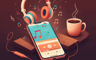 A setup featuring a smartphone with a playlist app open, surrounded by headphones, a steaming coffee cup, books, and colorful floating musical notes